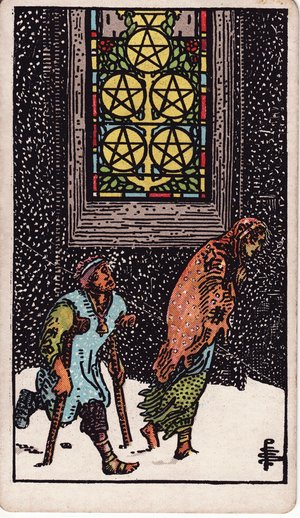 ウェイト版タロット「ペンタクルの5」1909年原画